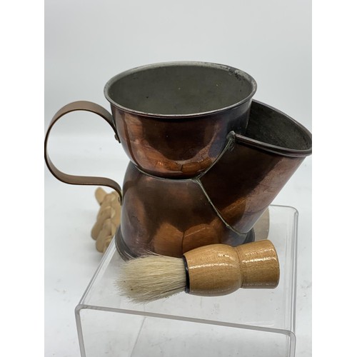 784 - A VINTAGE COPPER SHAVING MUG WITH BRUSH