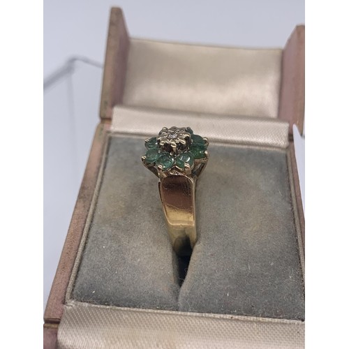 665 - A 9ct GOLD EMERALD AND DIAMOND RING size M/N 3.6grms