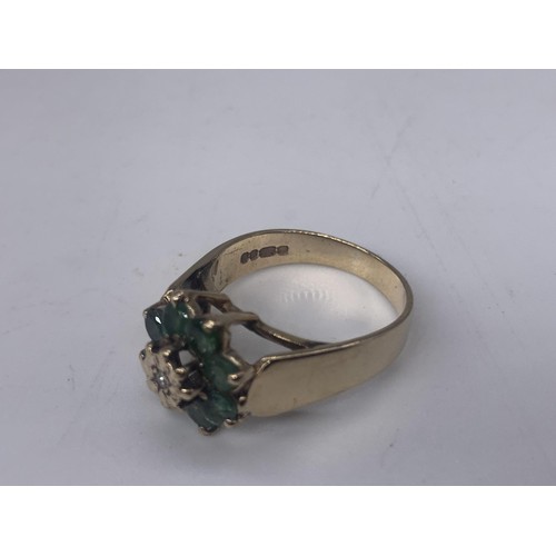 665 - A 9ct GOLD EMERALD AND DIAMOND RING size M/N 3.6grms