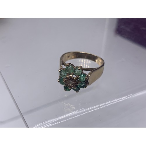 665 - A 9ct GOLD EMERALD AND DIAMOND RING size M/N 3.6grms