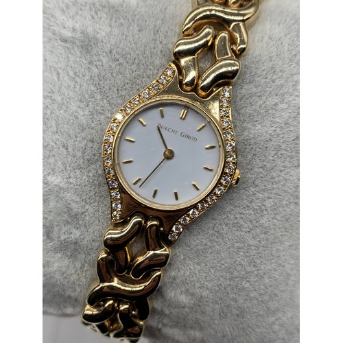 666 - BUECHE GIROD LADIES 9ct BRACELET WATCH WHITE DIAL WITH 16 DIAMONDS TO EITHER SIDE OF DIAL OPEN WORK ... 