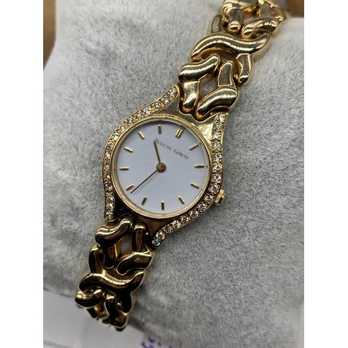 666 - BUECHE GIROD LADIES 9ct BRACELET WATCH WHITE DIAL WITH 16 DIAMONDS TO EITHER SIDE OF DIAL OPEN WORK ... 