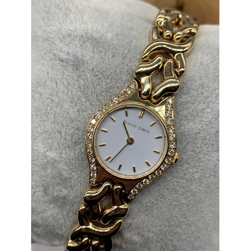 666 - BUECHE GIROD LADIES 9ct BRACELET WATCH WHITE DIAL WITH 16 DIAMONDS TO EITHER SIDE OF DIAL OPEN WORK ... 