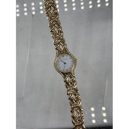 666 - BUECHE GIROD LADIES 9ct BRACELET WATCH WHITE DIAL WITH 16 DIAMONDS TO EITHER SIDE OF DIAL OPEN WORK ... 