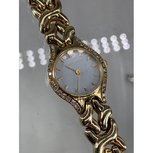 666 - BUECHE GIROD LADIES 9ct BRACELET WATCH WHITE DIAL WITH 16 DIAMONDS TO EITHER SIDE OF DIAL OPEN WORK ... 