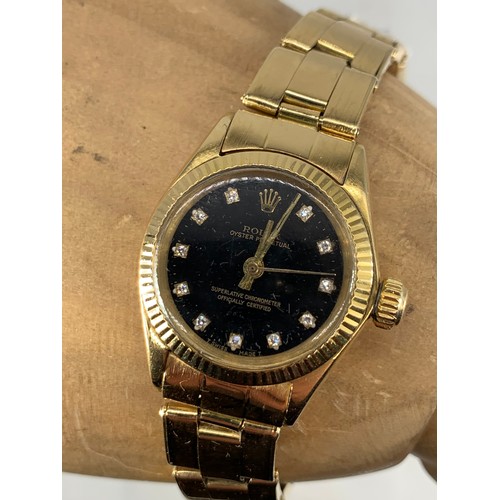 669 - ROLEX OYSTER PERPETUAL 1970’S SMALL BLACK DIAL DIAMOND SET TO NUMERALS IN P.W.O ALL IN 18ct YELLOW G... 