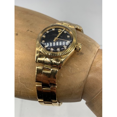 669 - ROLEX OYSTER PERPETUAL 1970’S SMALL BLACK DIAL DIAMOND SET TO NUMERALS IN P.W.O ALL IN 18ct YELLOW G... 