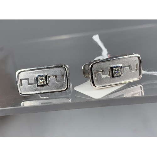 663 - PLATINUM RECTANGULAR SHAPED CUFFLINKS 12.7G HANDMADE PRINCESS CUT DIAMOND TO CENTRE WITH OPENWORK AN... 