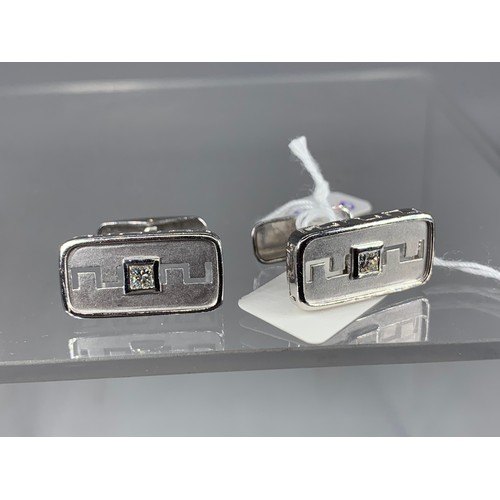 663 - PLATINUM RECTANGULAR SHAPED CUFFLINKS 12.7G HANDMADE PRINCESS CUT DIAMOND TO CENTRE WITH OPENWORK AN... 