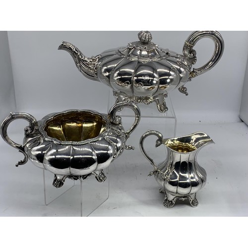 683 - A BEAUTIFULLY ORNATE SHEFFIELD SILVER 3 PIECE TEA SERVICE 1315.4grms