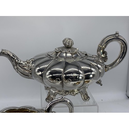 683 - A BEAUTIFULLY ORNATE SHEFFIELD SILVER 3 PIECE TEA SERVICE 1315.4grms