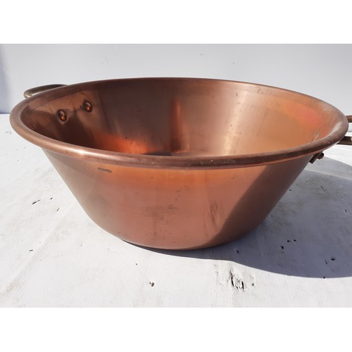 689 - A 2 HANDLED COPPER PRESERVE POT WITH BRASS HANDLES 14