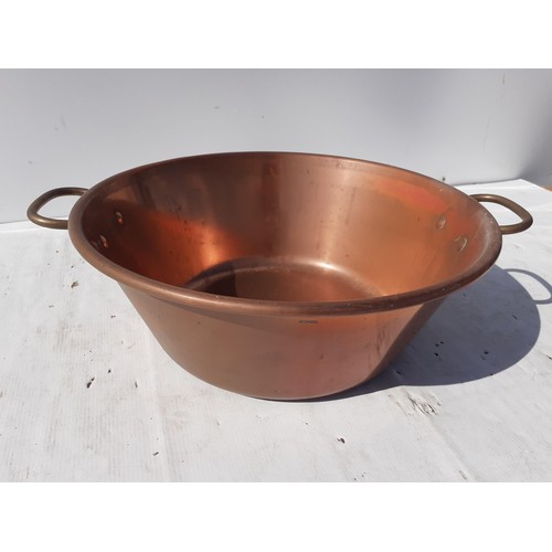 689 - A 2 HANDLED COPPER PRESERVE POT WITH BRASS HANDLES 14