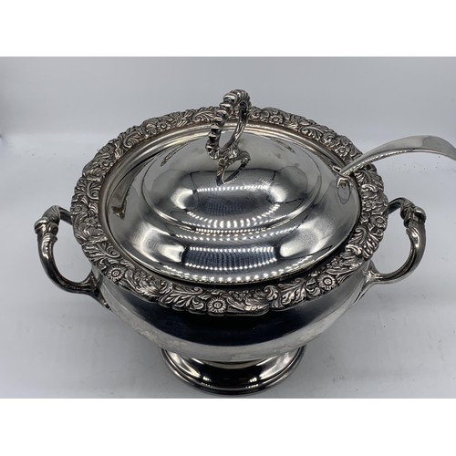 692 - AN ORNATE SILVER PLATE FLORAL PATTERN 2 HANDLED TUREEN