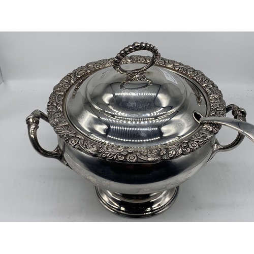 692 - AN ORNATE SILVER PLATE FLORAL PATTERN 2 HANDLED TUREEN