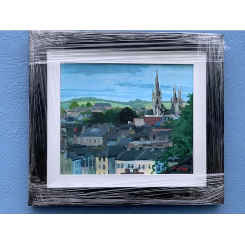 698 - CORK CITY SKYLINE AN OIL ON BOARD BY DAN DARCY 14.5X16.5