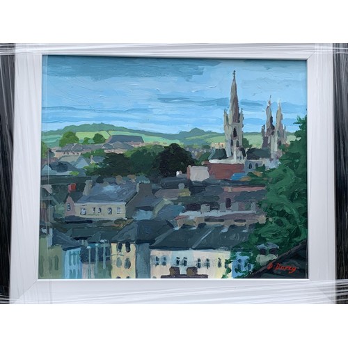 698 - CORK CITY SKYLINE AN OIL ON BOARD BY DAN DARCY 14.5X16.5