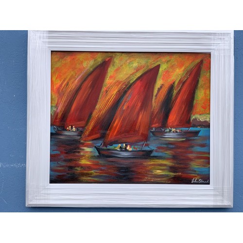 699 - AN OIL ON CANVAS RED SAILS IN SUNSET BY JOHN STEWART 26X29