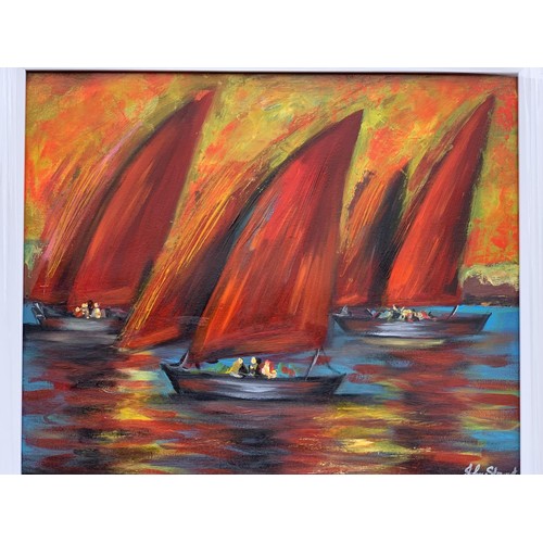 699 - AN OIL ON CANVAS RED SAILS IN SUNSET BY JOHN STEWART 26X29