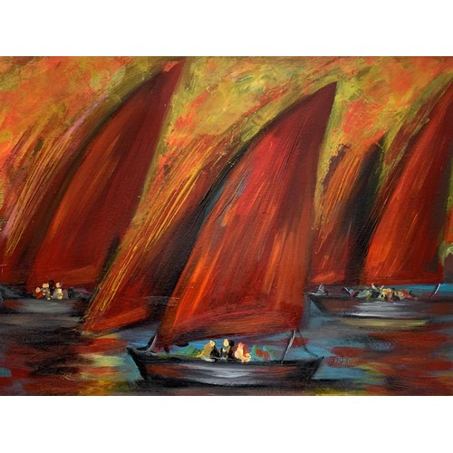 699 - AN OIL ON CANVAS RED SAILS IN SUNSET BY JOHN STEWART 26X29