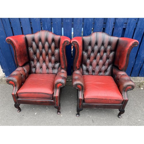 703 - A MATCHING PAIR OF OXBLOOD WINGBACK ARMCHAIRS QUEEN ANNE LEG