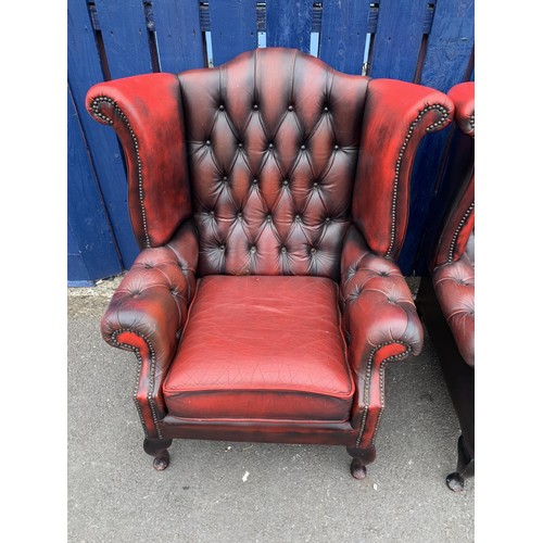 703 - A MATCHING PAIR OF OXBLOOD WINGBACK ARMCHAIRS QUEEN ANNE LEG