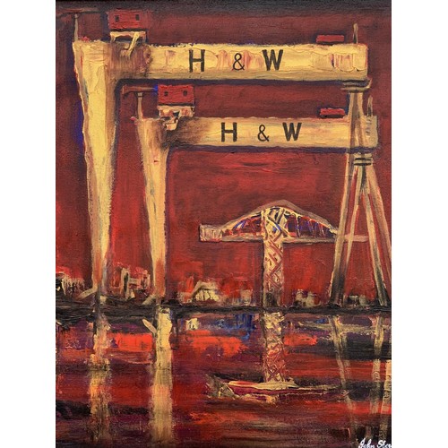 712 - THE RED DOCKS AN OIL ON CANVAS BY JOHN STEWART 26X29