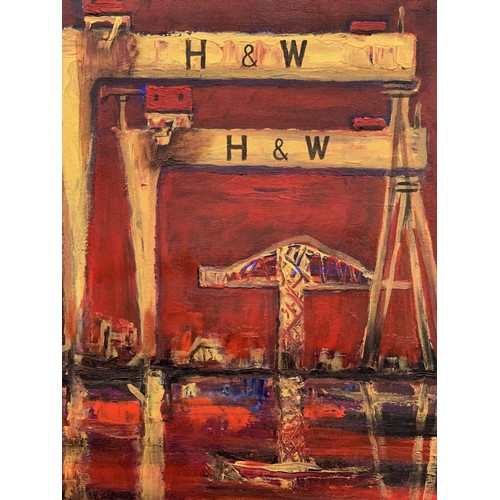 712 - THE RED DOCKS AN OIL ON CANVAS BY JOHN STEWART 26X29