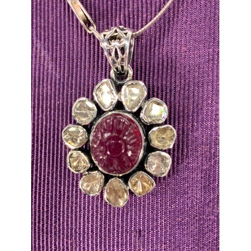 254 - RED STONE & WHITE PENDANT AND RING SET IN SILVER