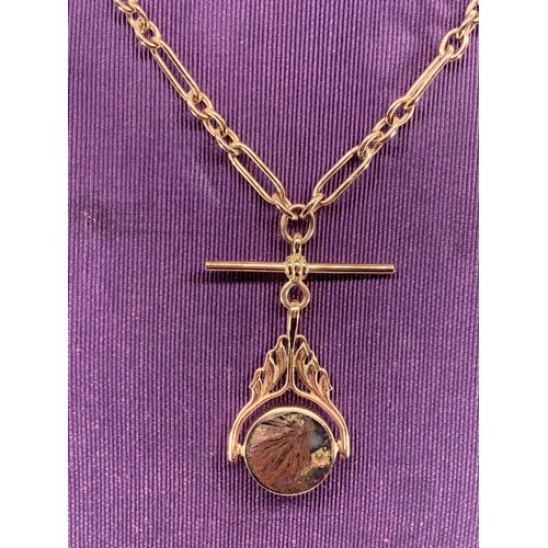 652A - 9CT ROSE GOLD ALBERT CHAIN WITH SWIVEL SEMI PRECIOUS FOB AND T-BAR 27.7gms