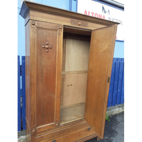 50 - AN OAK MIRROR DOOR ROBE  OVER DRAWER