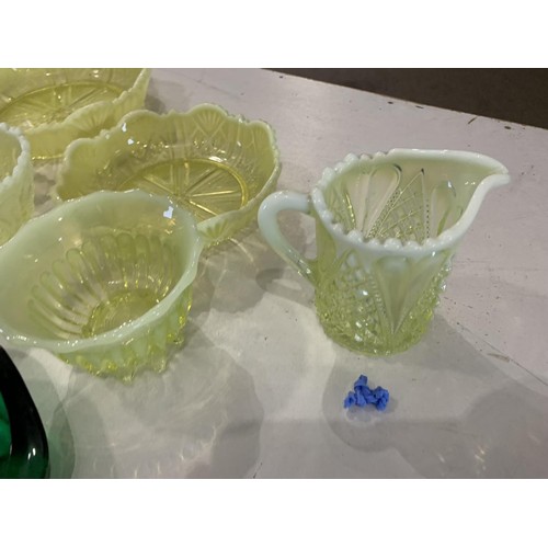 14 - A CUT GLASS BOWL AND A SELECTION OF VASELINE GLASS