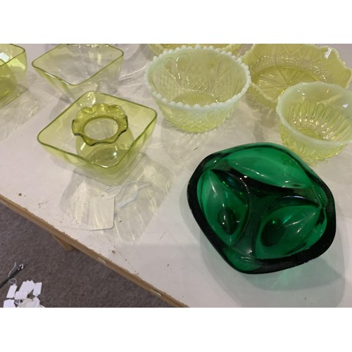 14 - A CUT GLASS BOWL AND A SELECTION OF VASELINE GLASS