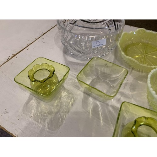 14 - A CUT GLASS BOWL AND A SELECTION OF VASELINE GLASS