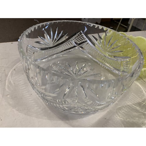 14 - A CUT GLASS BOWL AND A SELECTION OF VASELINE GLASS