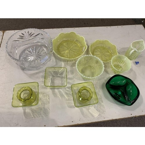 14 - A CUT GLASS BOWL AND A SELECTION OF VASELINE GLASS