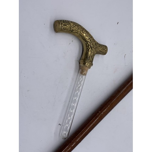 443 - BRASS HANDLED WALKING STICK WITH BRANDY TUBE