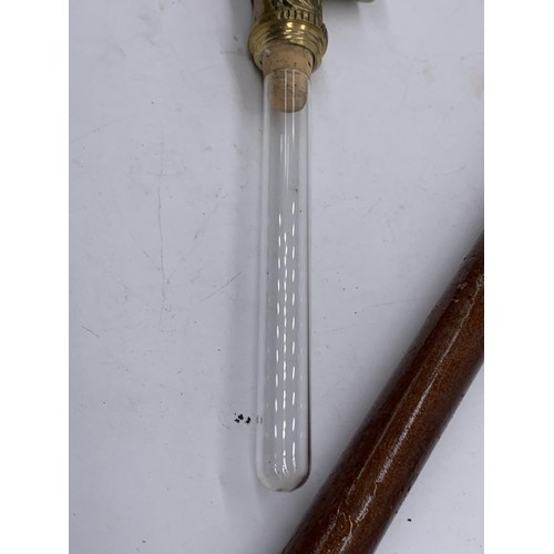 443 - BRASS HANDLED WALKING STICK WITH BRANDY TUBE