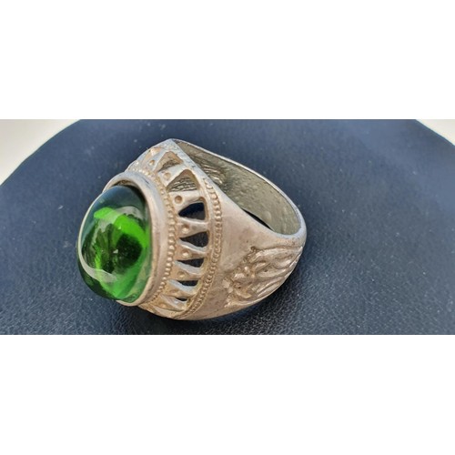 218 - SILVERED FINGER RING WITH GREEN STONE INSET