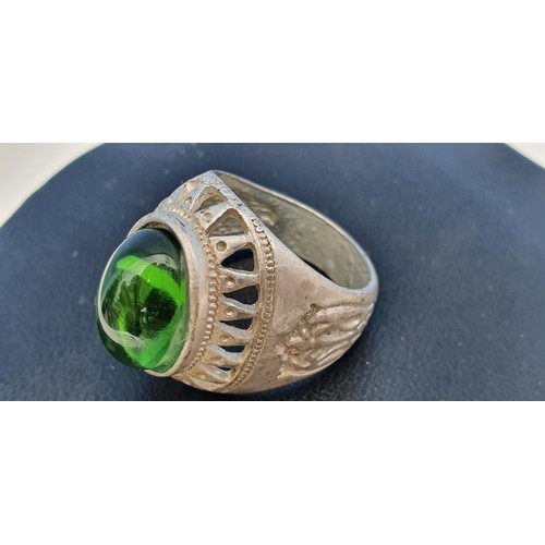 218 - SILVERED FINGER RING WITH GREEN STONE INSET