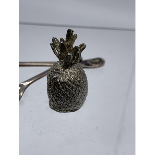 240 - A LOT OF 2 SILVER CADDY/MUSTARD SPOONS AND A WHITE METAL PINEAPPLE SPOON