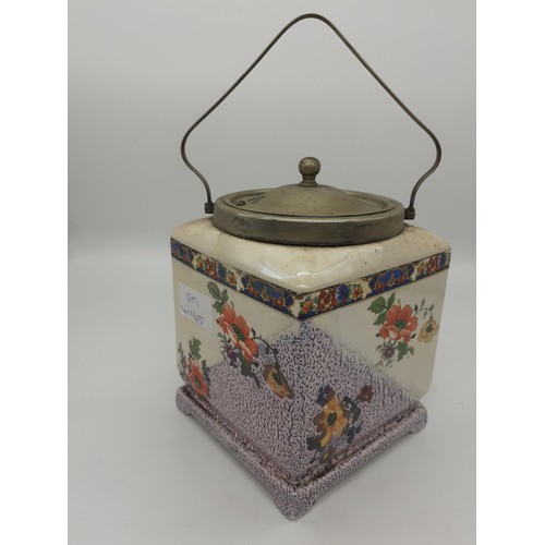 450 - HAND PAINTED BISCUIT BARREL WITH EPNS HANDLE AND LID