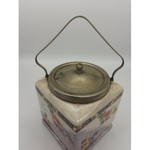 450 - HAND PAINTED BISCUIT BARREL WITH EPNS HANDLE AND LID