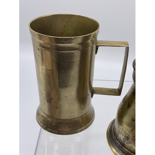 465 - ANTIQUE BRASS TANKARD & MEASURE