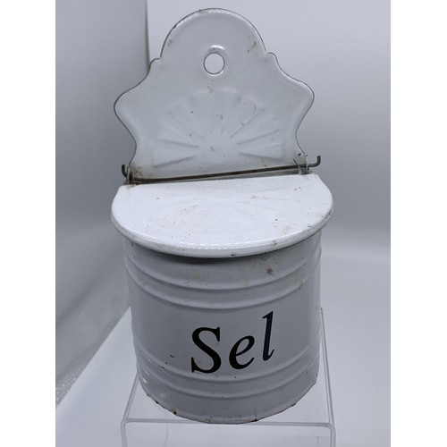 548 - TALL ENAMEL JUG & TIN SALT CELLER