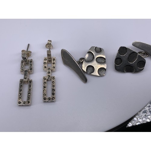 650 - A PAIR OF SILVER & MARCASITE EARRINGS & PAIR SILVER CUFFLINKS