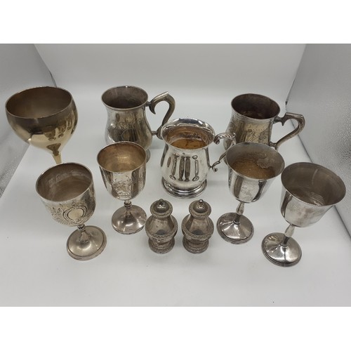 467 - A QUANTITY OF EPNS GOBLETS AND TANKARDS