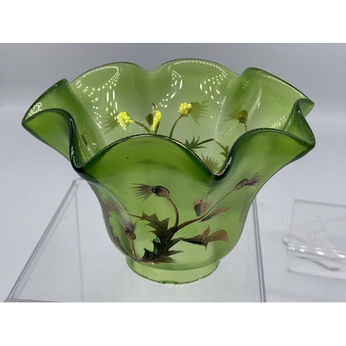 714 - VICT HANDPAINTED GREEN GLASS PEG LAMP SHADE