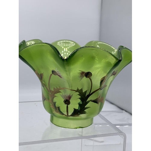 714 - VICT HANDPAINTED GREEN GLASS PEG LAMP SHADE