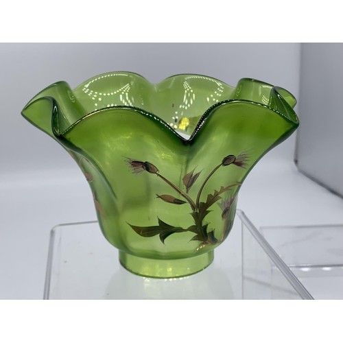 714 - VICT HANDPAINTED GREEN GLASS PEG LAMP SHADE